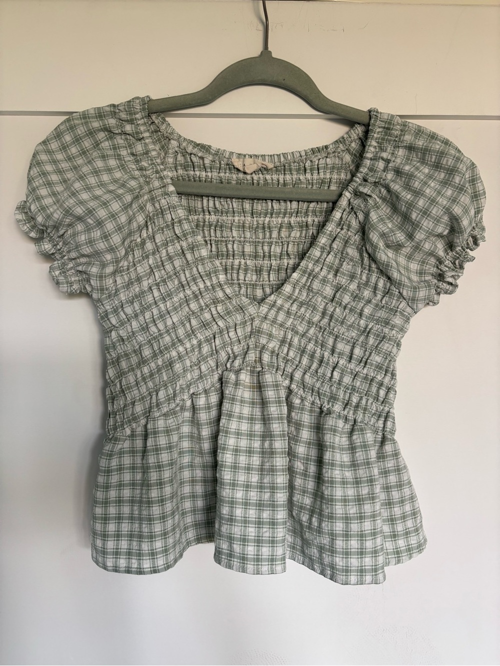 La Hearts Sage Green Plaid Smocked Peplum Crop Top